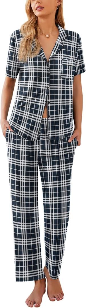 Ekouaer Women Pajamas Set Button Down Sleepwear Short Sleeve Nightwear with Long Pants Soft Pjs Set (B_black Plaid) Small