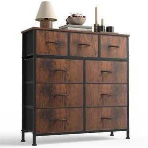 Sweetcrispy 9-Drawer Fabric Dresser Storage Tower with Wood Top and Steel Frame, Organizer Chest with Easy Pull Handles for Bedroom, Closet, Hallway,Distressed Brown, 11.8"D x 39.6"W x 39.8"H