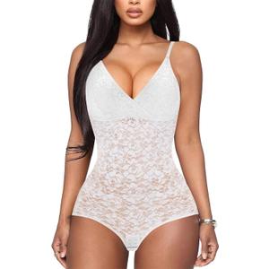 BRABIC Lace Bodysuit for Women Tummy Control Shapewear Sleeveless Tops V-Neck Backless Camisole Jumpsuit Shaper (Small, White)