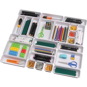 Set of 24 Interlocking Desk Drawer Organizer Tray Dividers Plastic Shallow Narrow Drawers Organizers Separators Storage Bins Container for Kitchen Bathroom Makeup Office Vanity Bedroom Dresser White
