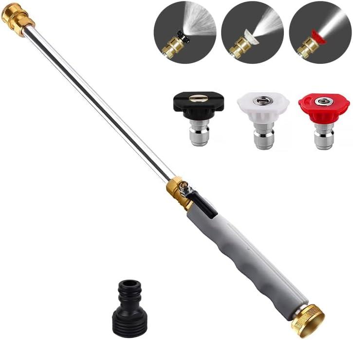 Jet Nozzle High Pressure Hose Nozzle, 18” Hydro Jet Water Hose Nozzle for Garden Hose with 3 Different Nozzles & Hose Quick Connectors, Power Washer Wand for Cleaning Patio, Car, Pet, Window, Grey