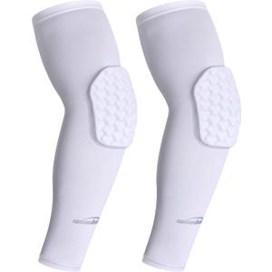 COOLOMG Padded Arm Sleeves Compression Elbow Pads for Volleyball Basketball Football Youth Kids Adult (X-Small, New White)