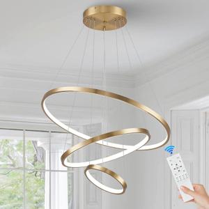 3 Ring Modern LED Chandelier Gold Dimmable Round Chandeliers, LED Circular Pendant Light Fixture with Remote Control for Living Room, Dining Room, Office, Entry, Bedroom, 3 Rings 23.6inch