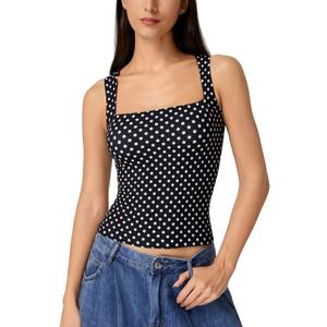 QINSEN Women's Double Layer Tank Tops Square Neck Sleeveless Basic Tight T Shirts, Black Polka Dots (S)