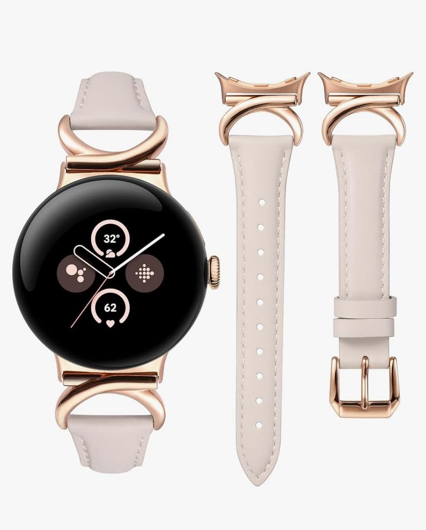 Minyee Leather Bands Compatible with Google Pixel Watch 3 41mm/Pixel Watch 2/Pixel Watch 1 Band Women, Slim Thin Dressy Designer Premium Leather Strap with C-Shape Metal Buckle for Pixel 2 Smartwatch