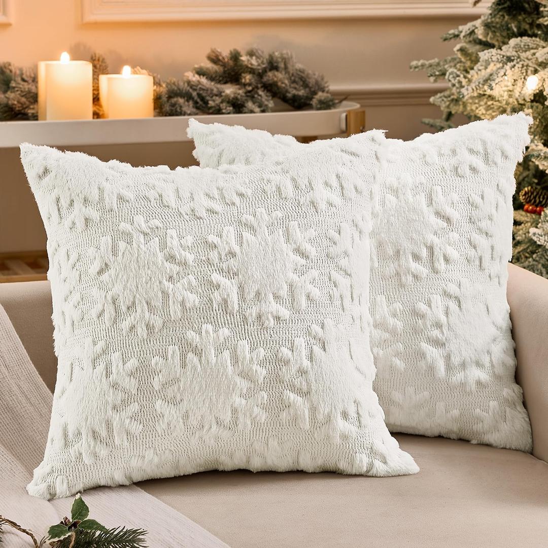 Woaboy Christmas Throw Pillow Covers 18x18 inch Set of 2 Pure White Snowflake Soft Fluffy Winter Embroidery Pillowcases for Couch Sofa Living Room Bedroom Holiday Decor