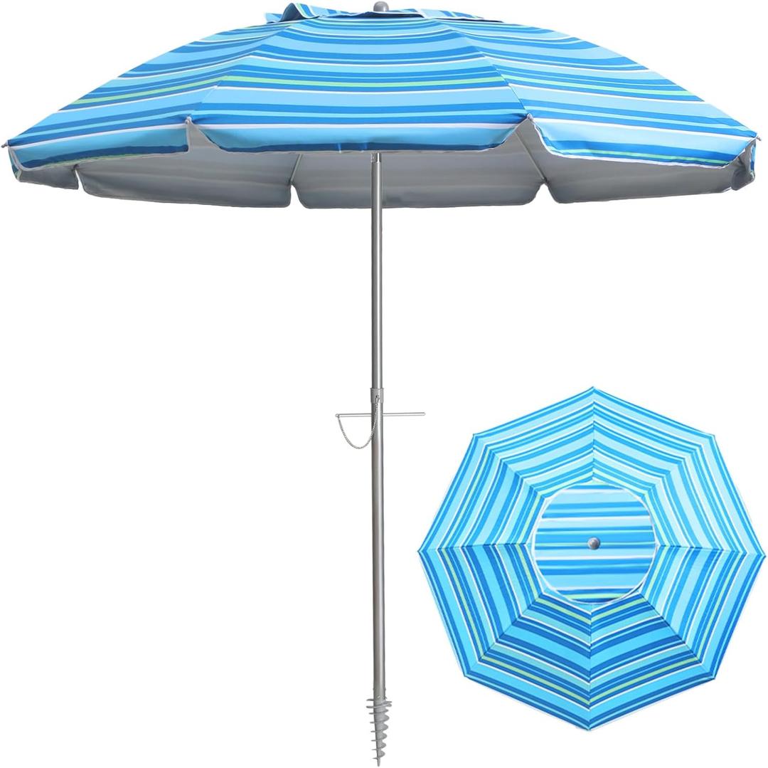 7ft Beach Umbrella with Sand Anchor & Tilt, UPF 50+ Protection Beach Umbrellas for Sand, Umbrellas for Heavy Duty Wind Portable with Carry Bag, for Patio Garden Pool, Baby Blue Stripes