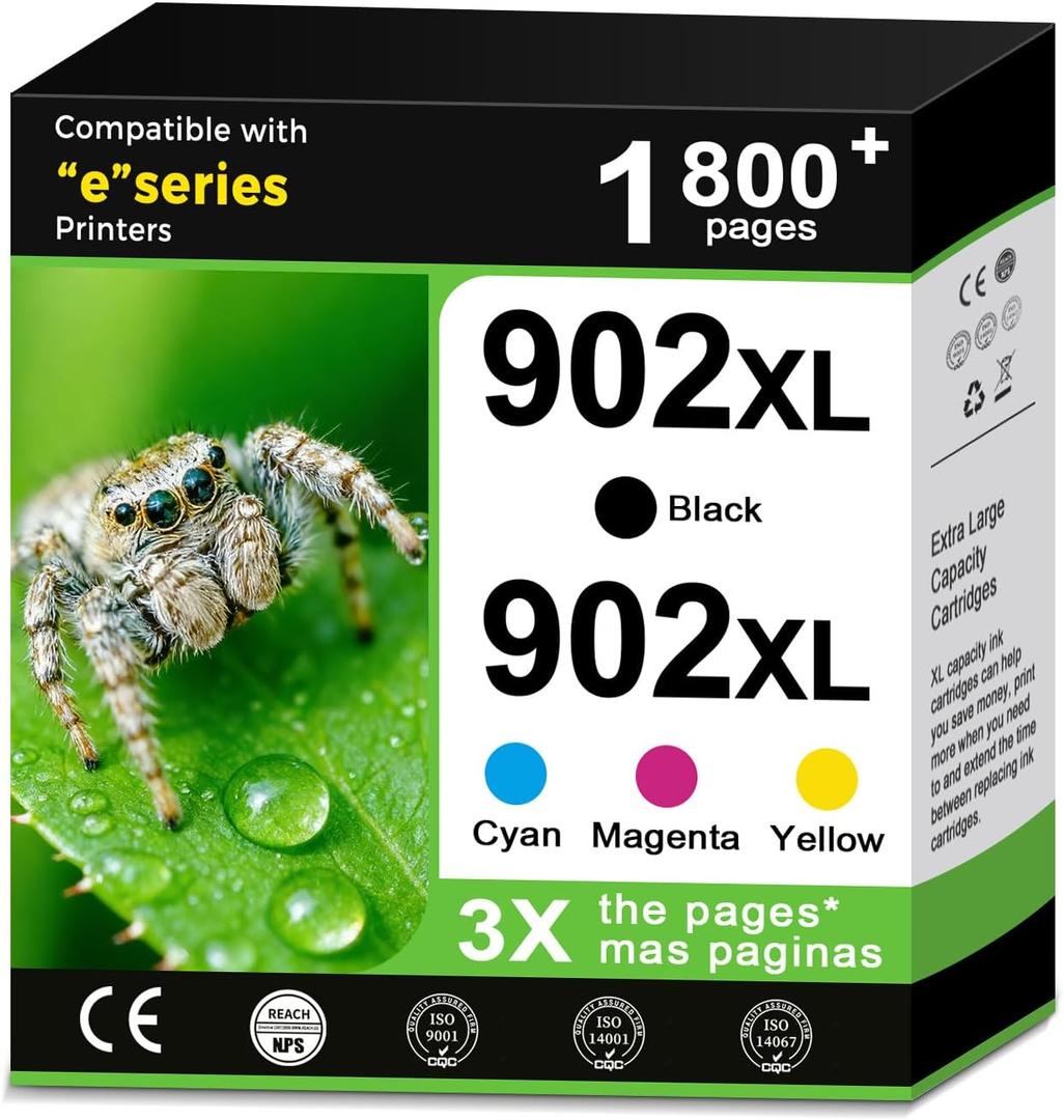 902XL Ink Cartridges Black Color Combo Pack Compatible for HP Printer for HP 902 XL for HP902 4-Pack Series OfficeJet Pro 6960 6950 6958 6970 6962 6975 6954 6951 6956 6961 Black Cyan Magenta Yellow