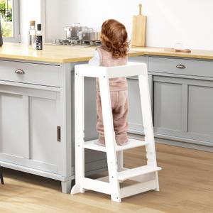 Kids Kitchen Step Stool, Step Stool for Toddlers, Adjustable Height Toddler Standing Tower, Anti-Slip Protection with guardrail, The Anti-Tipping Structure is More Stable (White)