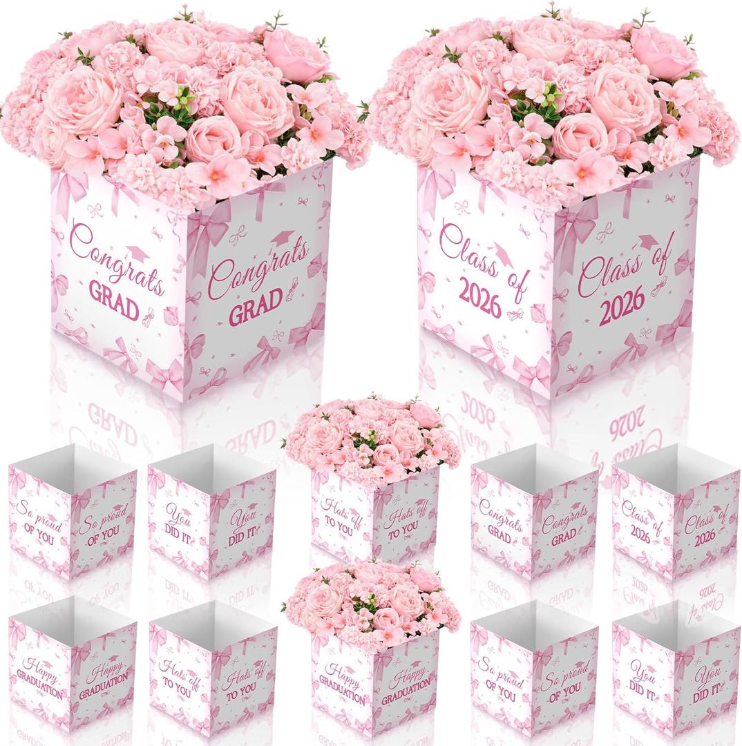 Qunclay 12 Pcs Graduation Box Table Centerpieces 7 Inch Pink Bow Paper Flower Boxes Table Decor Class of 2026 Congrats Grad Party Supplies for High School College Grad Celebration Prom Decoration