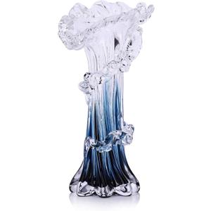 Hand Blown Blue Glass Vase, Unique Art Beautiful Ocean Glass Vase for Home Centerpiece, Coffee Table, Living Room, Office Decor - 9.8" H (Medium)