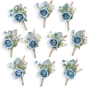 Rose Boutonnieres for Men Wedding Groom and Groomsmen Boutonniere for Rustic Fall Vintage Wedding Prom, Dusty Blue,Set of 10