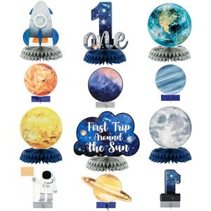ANGOLIO 12Pcs First Trip Around The Sun One Letter Sign Party Honeycomb Table Centerpiece Outer Space 1st Birthday Party Decorations Planets Solar System Theme Favor for Boys Baby Shower Photo Props