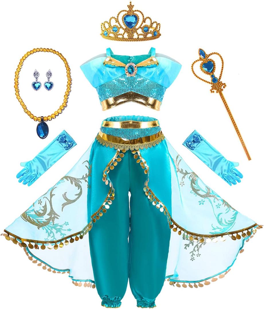 Mecamelon Arabian Princess Fancy Costume for Girls Halloween Dress Up (8 Years, Blue)
