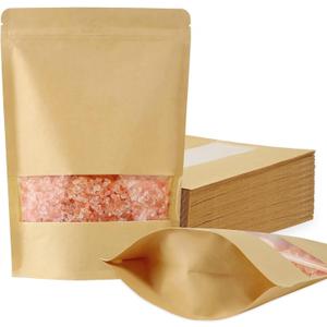 FireKylin 100 Pcs Brown Paper Bags with Window, 7.1" x 10.2" Stand Up Pouches Bags, Zipper Food Storage Bags for Packaging Products, Reusable, Sealable