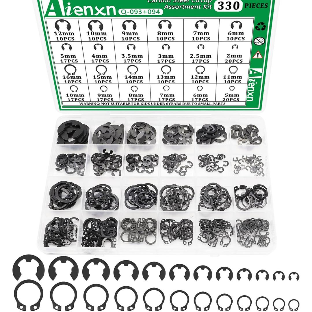 330PCS Snap Rings Assortment Kit, E Clips Assortment Kit (2MM-12MM) and C Clips Assortment Kit (5MM-16MM), 24 Sizes External Retaining Rings Carbon Steel Circlip Snap Ring Kit