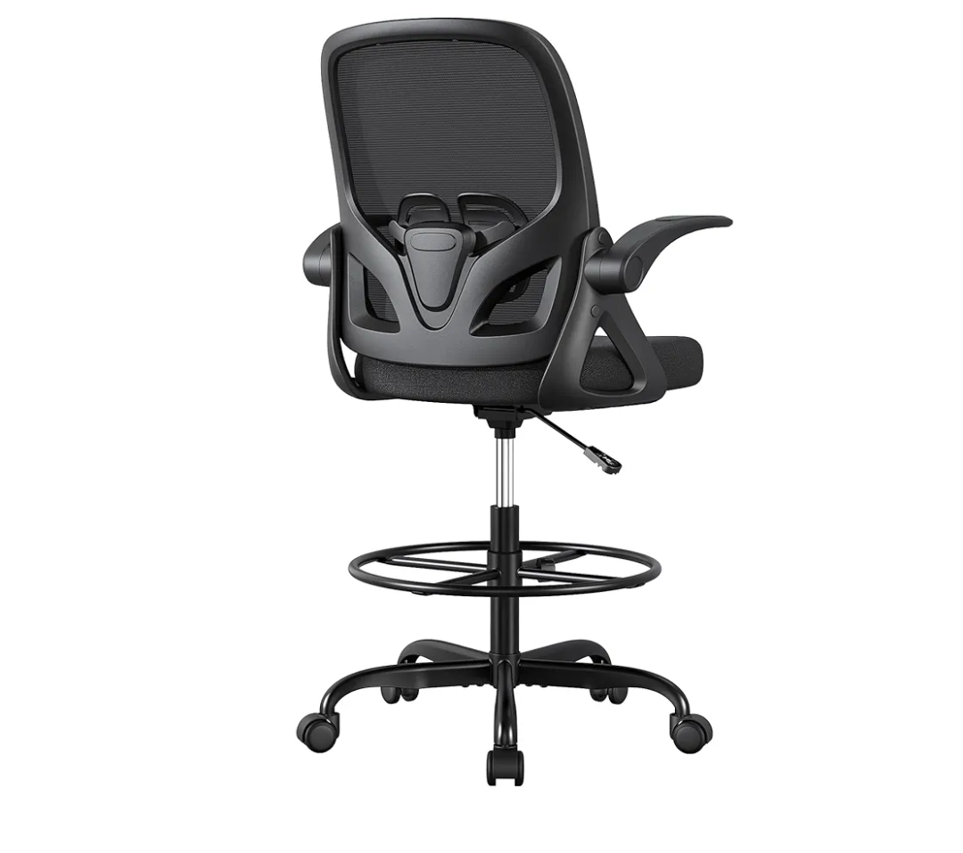 Tall Drafting Chair with Lumbar Support and Footrest Ring, Supportive Tall Extended Height Ergonomic Desk Chair for Home Work, Breathable Mesh Office Chair with Flip up Arms(Black)