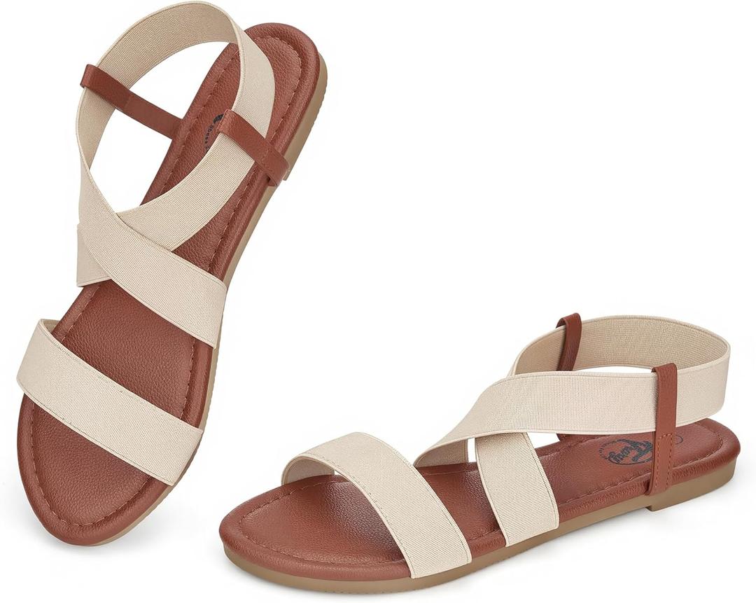 Trary Women's Flat Sandals, Comfortable Elastic Strappy Sandals, Round Toe Summer Slides for Walking, Beach & Travel (6, Beige)