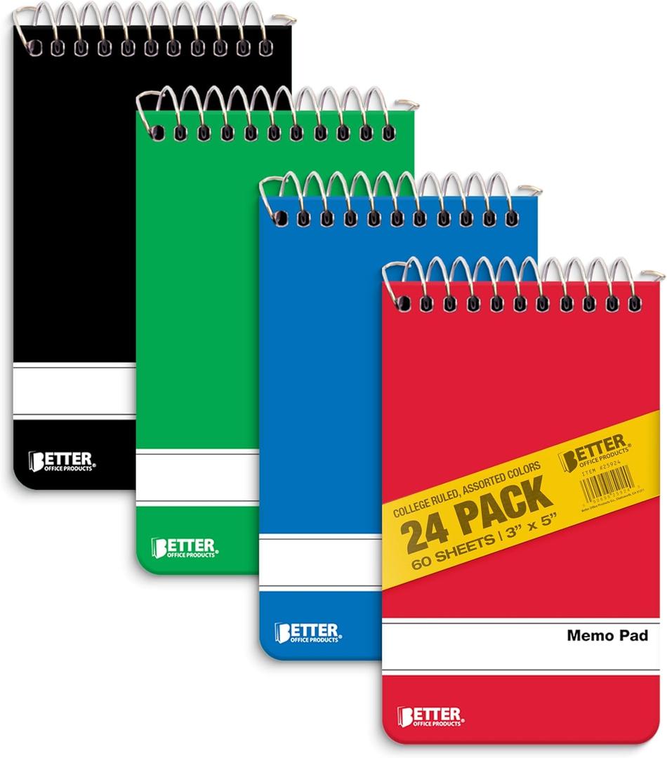 Spiral Memo Pads, 24 Pack, 3 x 5 inches, 60 Sheets, College Rule, by Better Office Products, Assorted Solid Colors, 24 Pack Spiral Memo Pads, 24 Pack, 3 x 5 inches, 60 Sheets, College Rule, by Better Office Products, Assorted Solid Colors, 24 Pack