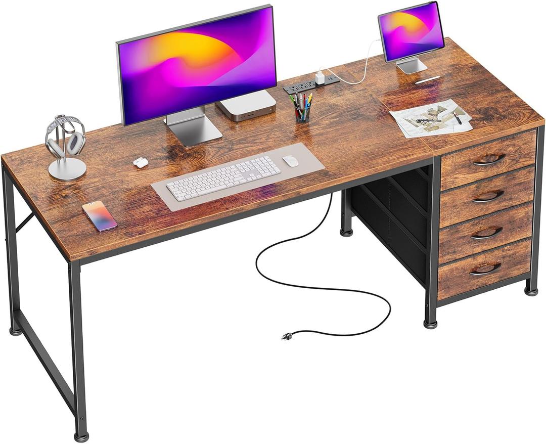PRAISUN 55.1 Inch Computer Office Desk with Power Outelts and USB-C Port, Reversible Gaming Desk with 4 Fabric Drawers, Work Study Desk Work from Home, Rustic Brown