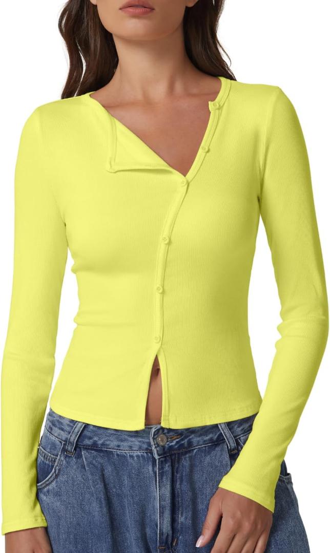 QINSEN Women's Long Sleeve Ribbed Crewneck Shirts Upper Button Fastening Going Out Tops (Yellow, S)