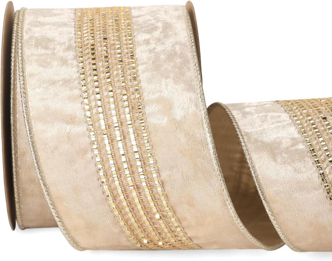 Ribbli Light Champagne Velvet Wired Ribbon with Luxurious Glittering Stripe 4 Inch Christmas Ribbon for Tree Gift Wrapping Wreaths Garland Topper Bows Crafts Home Decor -10 Yards