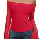 REORIA Off The Shoulder Tops for Women Tube Double Lined Mesh Going Out Shirts 2025 Fall Fashion Trendy Tops (Medium, Red)