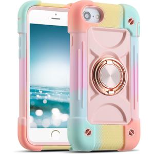 MARKILL Compatible with iPhone Se3/iPhone Se2,iPhone 6/6S Case,iPhone7/iPhone8 Case 4.7 Inch with Ring Stand, Heavy-Duty Military Grade Shockproof Phone Cover for Kids Girls. (Rainbow Pink)