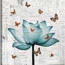 LevvArts Vintage Flower Canvas Wall Art Antique Teal Lotus with Butterflies Painting Picture Prints for Bedroom Farmhouse Wall Decor Zen Floral Artwork Framed Ready to Hang 24x24
