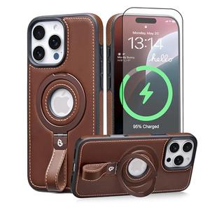 Butaiga for iPhone 16 Pro Leather Case with Stand, Anti-Slip Grip Ring, Fits for MagSafe (Cocoa, iPhone 16 Pro)
