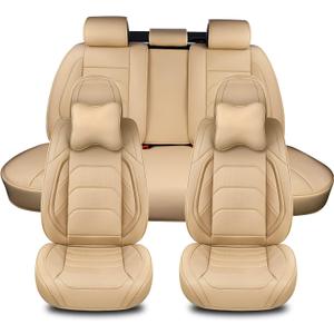 Beige Car Seat Covers Full Set, Breathable Leather Automotive Front and Rear Seat Covers & Headrest for Comfortable Driving, Compatible with Most Cars Sedans SUV Pickup Trucks (Front Pair&Rear, Faddish Beige)