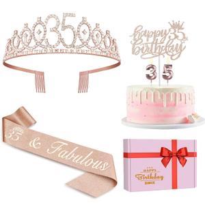 35th Birthday Decorations for Women Including Sash, Tiara/Crown, Numeral Candles and Cake Topper, Rose Gold 35th Birthday Gifts for Women, Rose Gold Party Decor Supplies