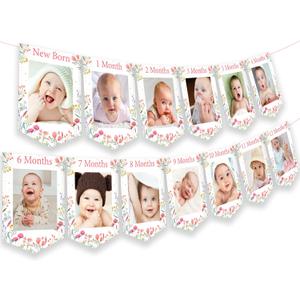 Wildflower Theme 1st Birthday Photo Banner from Newborn to 12 Months for Girls, Growth Record Monthly Milestone Picture Banner First Birthday Party Decorations for 1 Year Old Girl
