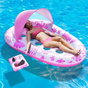 Inflatable Pool Floats Adult, 3-in-1 Pool Float Lounger with Canopy and Cup Holder, XL Floating Pool Floaty Raft for Swimming Pool Lake Beach, Tanning Pool Floaties Toys for Adults (Pink)