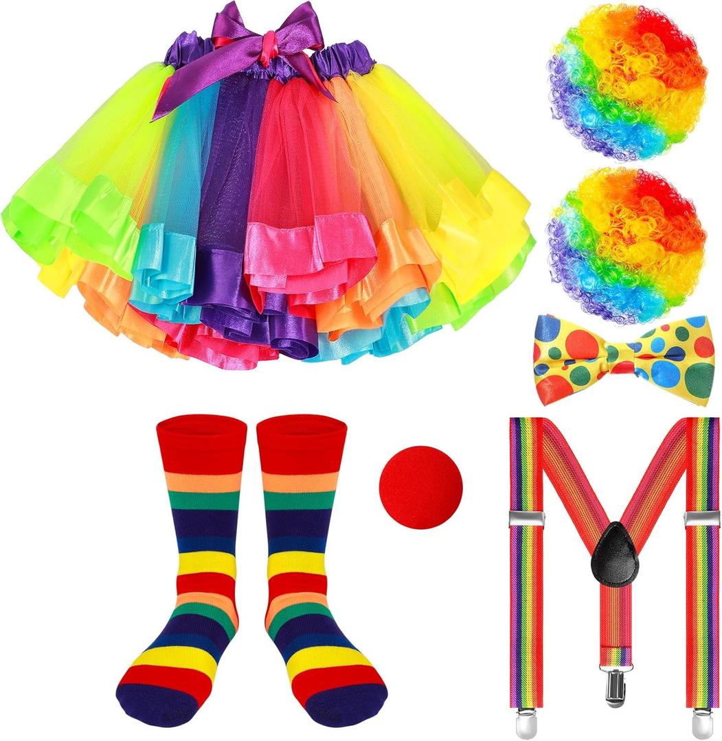 Shinymoon 7 Pcs Girls Clown Costume Set Clown Rainbow Wig Rainbow Tutu Skirt Shoulder Strap Bow Socks Nose for Cosplay (8-12 Years)