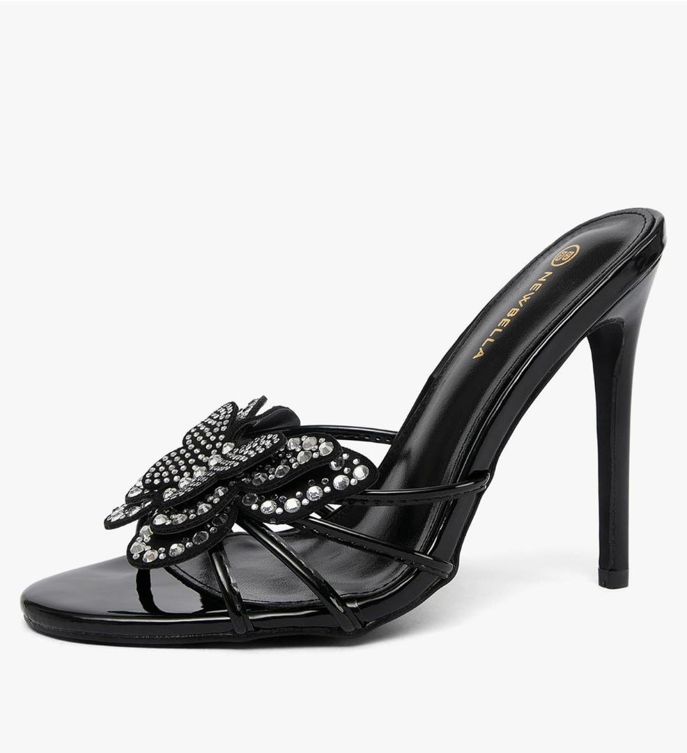 NEWBELLA Women's Rhinestone Butterfly Heeled Sandals – Open Toe Stiletto Slip-On Dress Shoes, High Heel Mules for Party