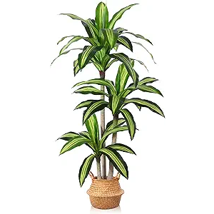 Artificial Plants, 5 Ft Dracaena Tree Faux Plants Indoor Outdoor Decor Fake Tree with Woven Seagrass Basket Plants for Home Decor Office Living Room Porch Patio Housewarming