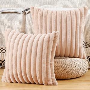MADIZZ Set of 2 Faux Wool Plush Decorative Throw Pillow Covers 16x16 Inch Light Brown Fluffy Striped Soft Decorative Cushion Cover for Sofa Bedroom Pillow Shell