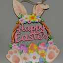 Wooden Easter Decoration Door Wreath, Hollow Bunny Sign Flower Egg Welcome Hanging for Front Door Sign Wall Signs Rabbit Spring Decoration