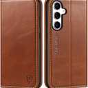 SHIELDON Wallet Case for Galaxy S24 FE 5G, Genuine Leather Wallet RFID Blocking Card Holder Kickstand Magnetic Folio Protective Case Compatible with Galaxy S24 FE - Retro Brown