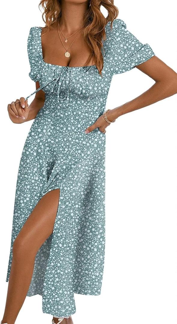 BLENCOT Womens Casual Summer Square Neck Short Sleeve Split Thigh Cotton Dress Boho Floral Print Tie Front Midi Dresses (Green, S)