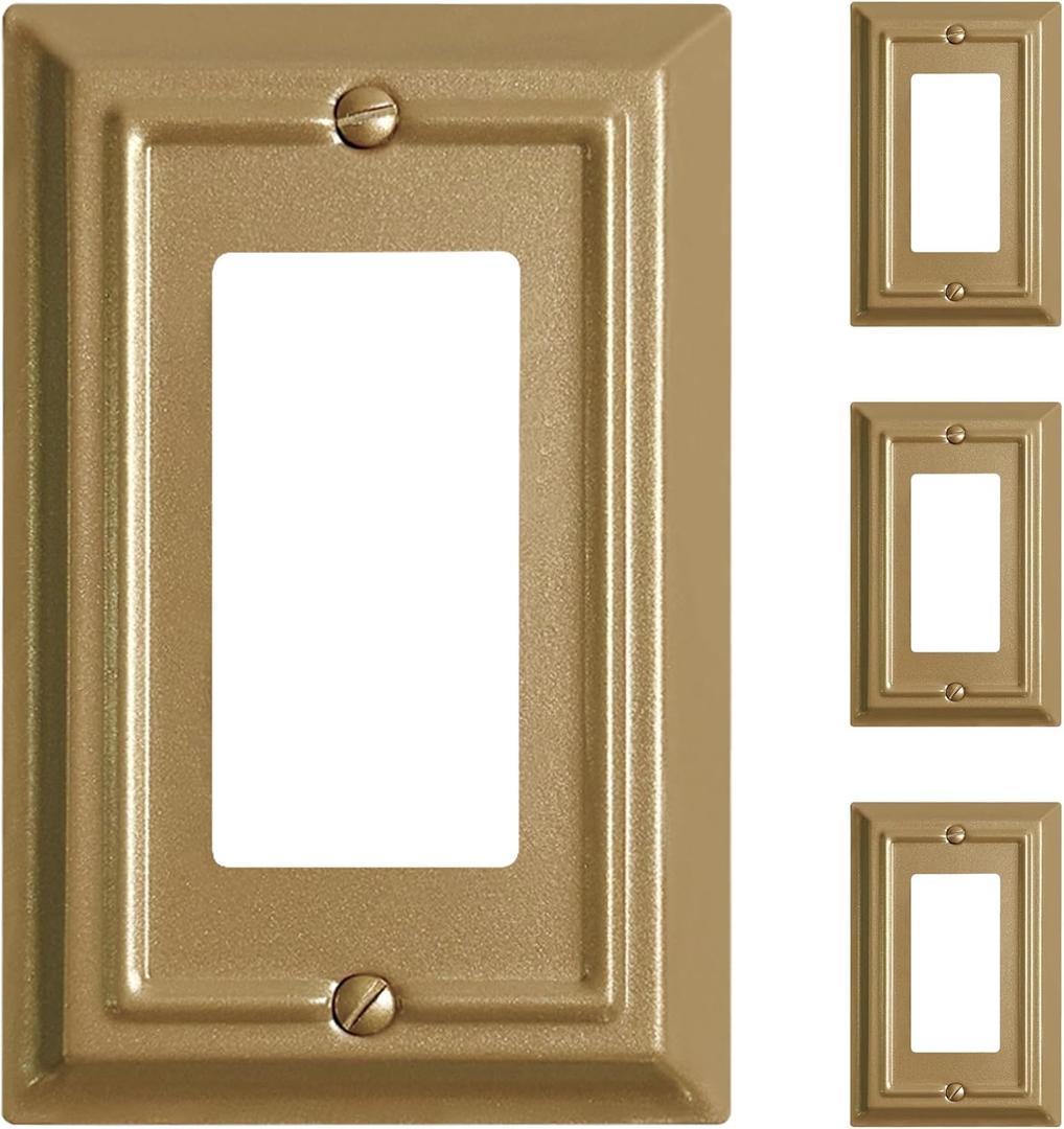 Metal Electrical Outlet Covers, Light Switch Cover Wall Plates, Mid Size Thicker Decorative Switch Plates,Receptacle Wall Plate of Modern Styles (Vintage Gold, 1 Gang Decorator 4 Pack)