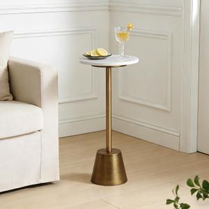 Aoligrace White Marble Pedestal Side Table, Round End Table with Antique Base for Couch, Small Drink Tables for Small Spaces, Vintage Cocktail Martini Table for Living Room