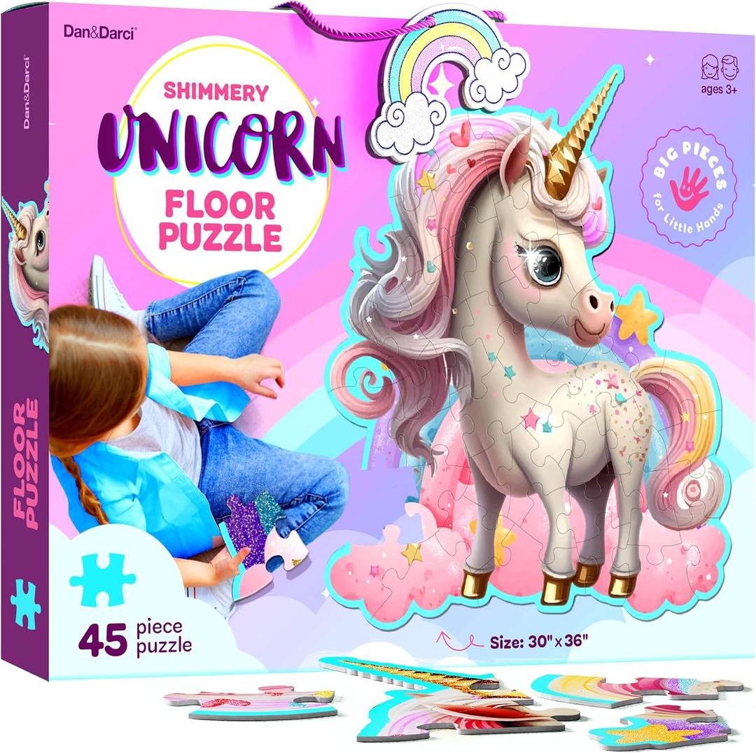 Dan&Darci Jumbo Shimmery 45-Piece Unicorn Floor Puzzle for Kids Ages 3-6 Years Old- Large Toddler Puzzles Age 3, 4, 5, 6 Year Olds - Easter Toys for Girls - Little Girl Birthday Gift