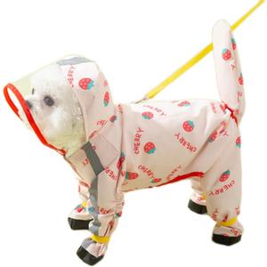 Waterproof Dog Raincoat,Full Coverage 4 Legs Dog Rain Jacket for Small Dogs,Pet Rain Coat with Hood,Reflective Strips&Leash Hole Outdoor Raincoat (Medium for Weight 5.1-8.1 lb, Strawberry)