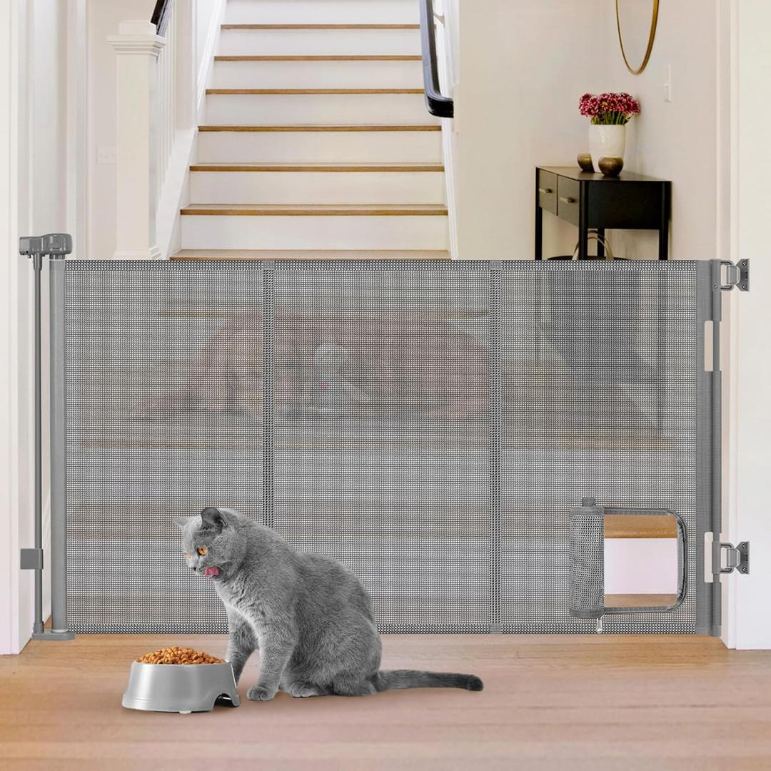 Reinforced 60 Wide Retractable Dog Gate with Cat Door Gates for Pets with Reinforced Strips 33 Tall Mesh Baby Gate Retractable Pet Gates for Dogs Indoor with Door Cats Can in and Out Freely, Gray