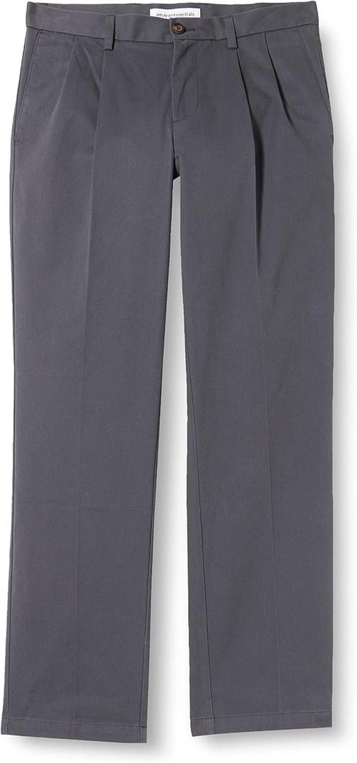 Amazon Essentials Men's Classic-Fit Wrinkle-Resistant Pleated Chino Pant in Big & Tall) (28W x 28L, Charcoal)