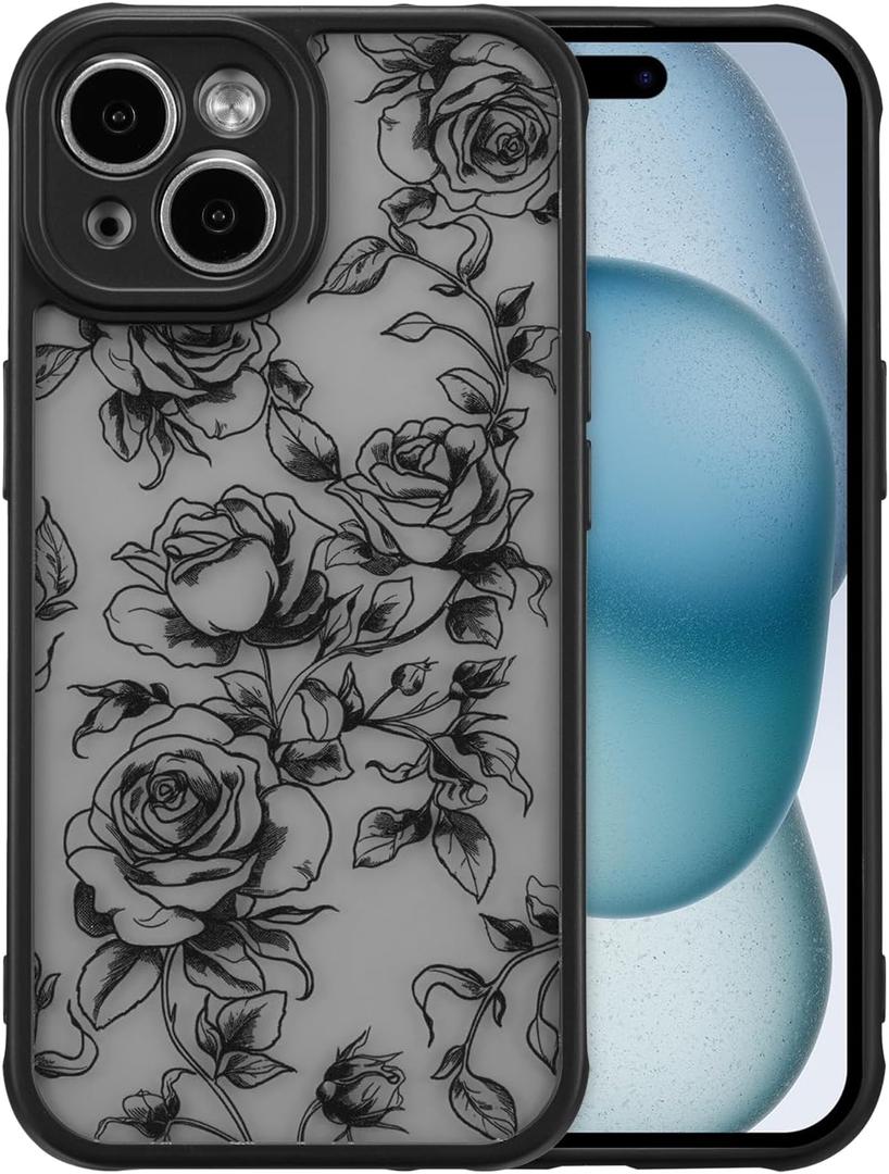 XIZYO for iPhone 15 Case, Floral Flower Cute Aesthetic Case for Women Girls Rose Pattern Slim TPU Bumper Shockproof Protective Cover for iPhone 15 6.1 Inch, Branch Rose/Black