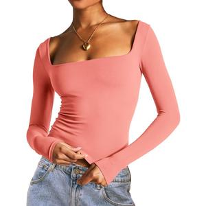 Dwnval Long Sleeve Shirts for Women - Basic Slim Fit Double Lined Square Neck Crop T Shirt, Coral Pink Small