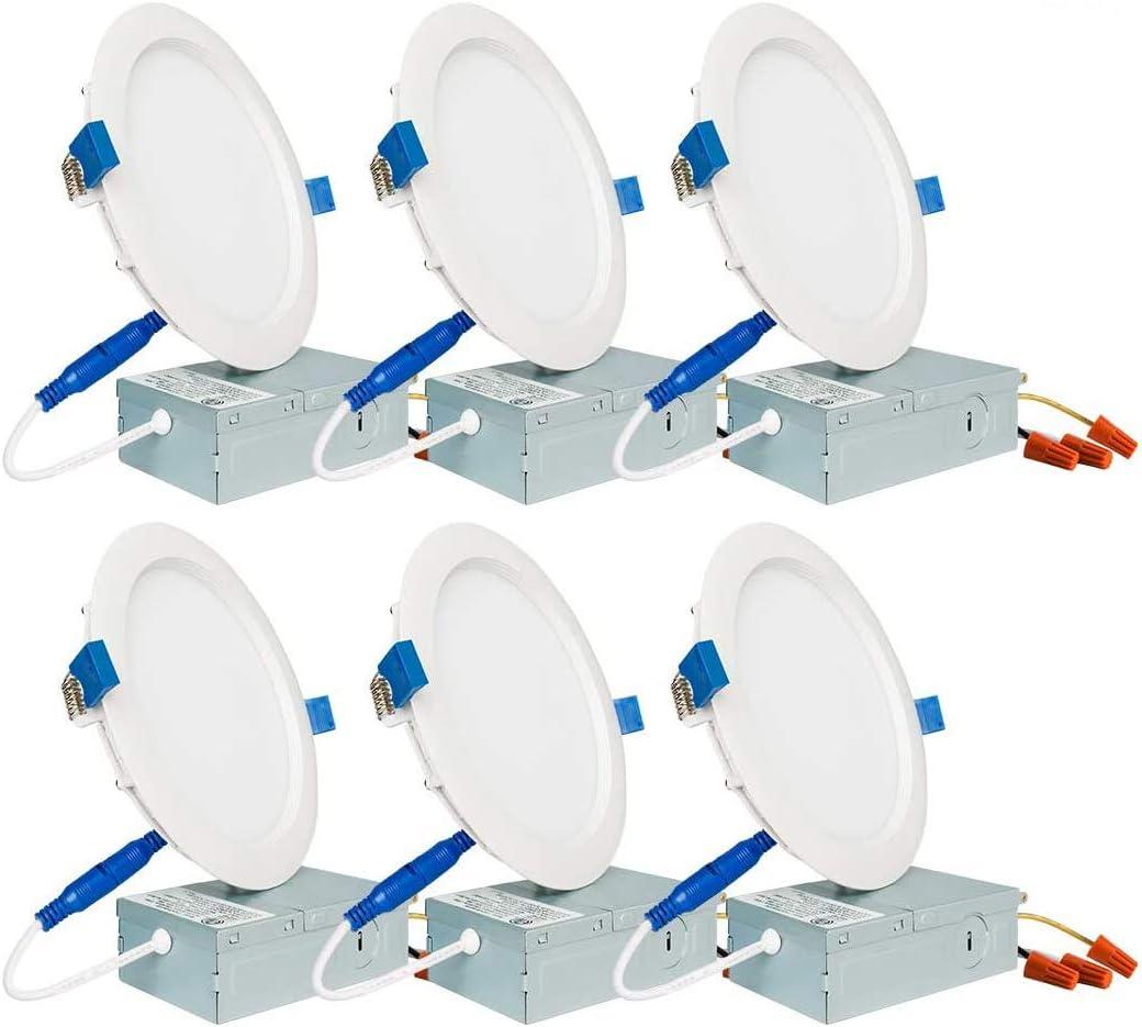 SAATLY 13W 6 inch LED Recessed Lighting, Ultra Thin Ceiling Downlight with Junction Box, 3000K Daylight Dimmable, 850lm 110W Eqv. ETL and Energy Star Certified, Pack of 6